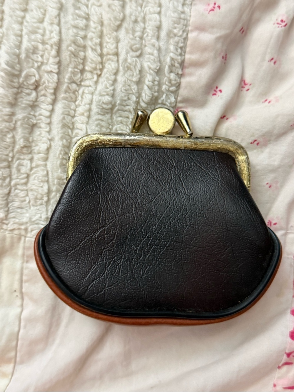 Vintage Black and Brown Leather Kiss-Lock Coin Purse